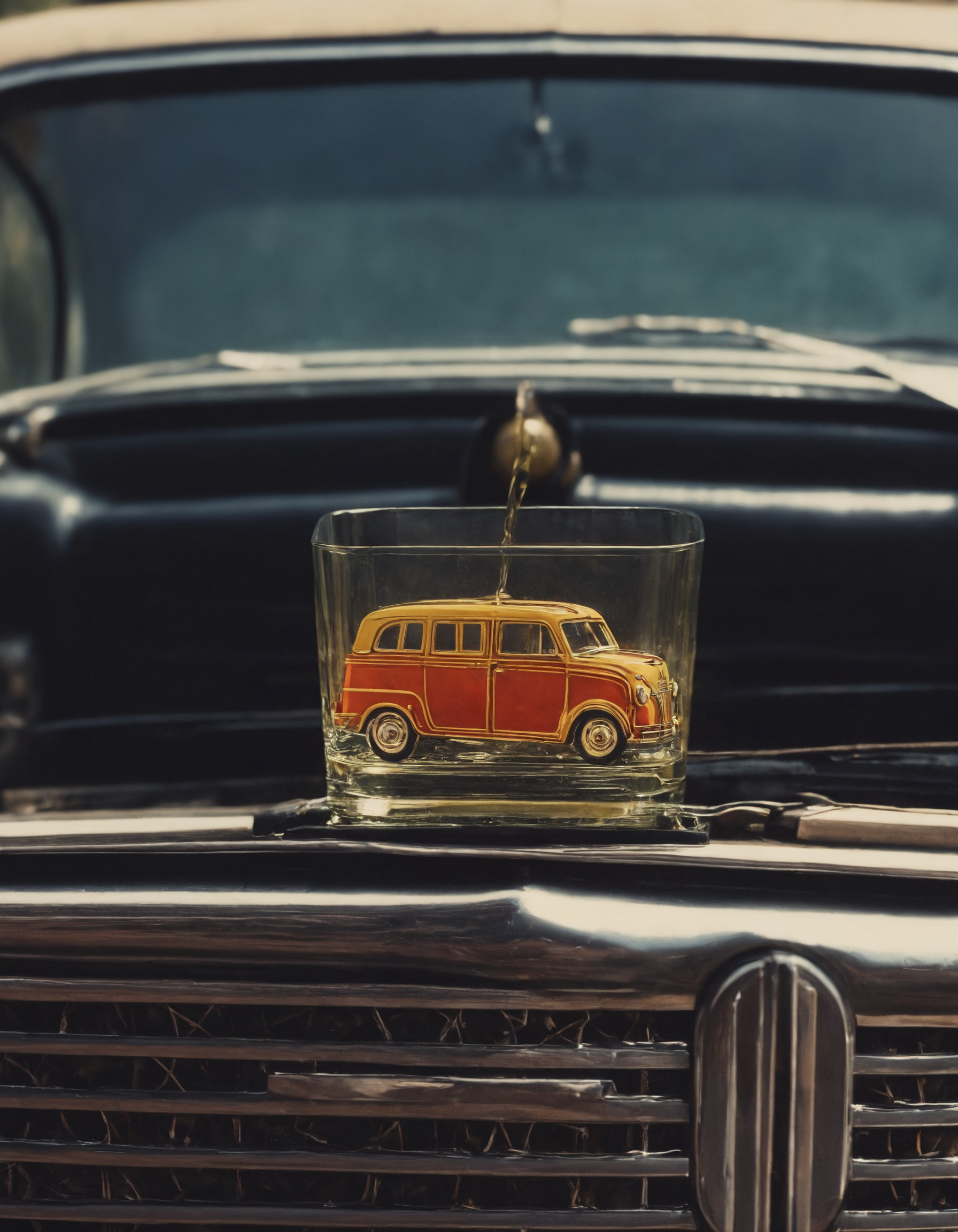 Close-up of a whiskey glass with an etching of a vintage station wagon, positioned in front of a classic car grille, symbolizing the intersection of alcohol and driving for a blog post on federal-government-to-mandate-anti-drunk-driving technology in vehicles.