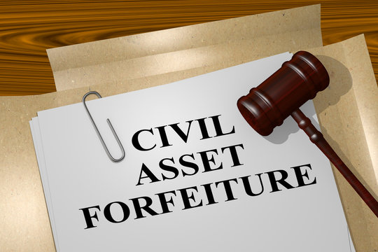 A gavel resting on a piece of paper titled 'CIVIL ASSET FORFEITURE' with a paperclip, set against a wooden table and manila envelope, symbolizing the legal process of asset seizure.